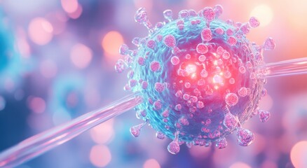 Dynamic medical illustration depicting a vibrant cell interaction in a futuristic science setting with vivid colors and intricate details