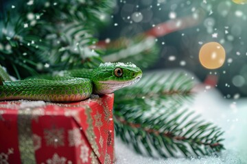 Green snake on a Christmas background. Year of the snake. Copy space.