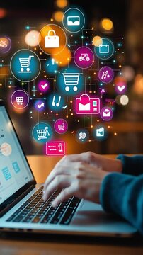 Woman using laptop for online shopping with omni channel technology, multiple icons over the laptop screen