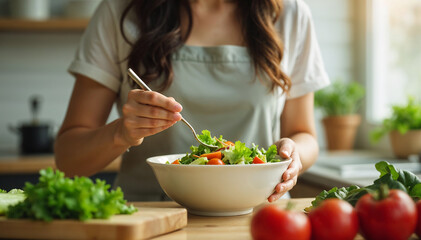 A cropped image of an attractive Asian woman making her healthy salad bowl in the kitchen, putting some lettuces in a bowl. home cooking, healthy and wellness lifestyle, domestic life