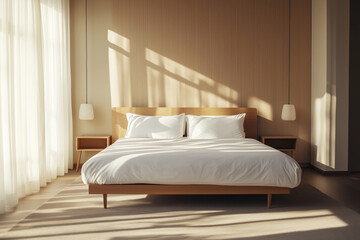 Luxury minimalist hotel room with large bed and day city view