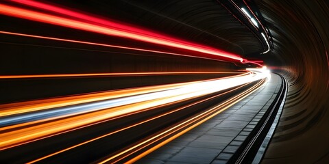 Blurred motion of a speeding train in a dark tunnel