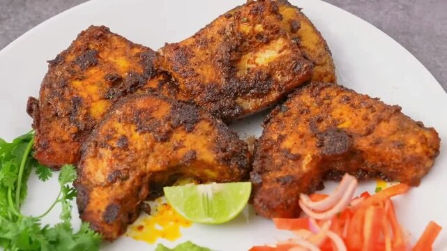 Spicy masala fish fry made with fish marinated in a blend of Indian spices and fried until golden and crispy. A delicious and flavorful seafood dish from Indian cuisine, perfect for spice lovers