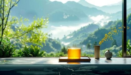 A glass of orange juice sitting on top of a table next to a window