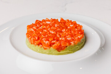Appetizing tartare with salmon and avocado on a large white plate.
