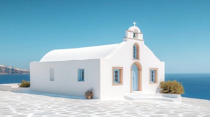 Small White Church in Cyclades with Bell Tower – Simple Cycladic Architecture, Whitewashed Walls, Blue Sky and Sea, Tranquil Mediterranean Landscape, and Peaceful Island Sanctuary