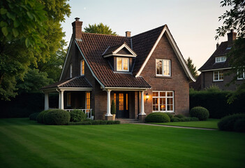 A black and white luxury home with a two car garage and black door, professional landscaping, and a lake in the