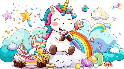 Naklejka premium A cute unicorn sitting on top of a cloud with a rainbow and cupcakes