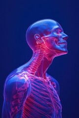 Futuristic digital illustration of a human figure with highlighted spine and neck in blue and red tones