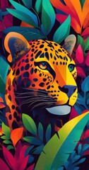 Obraz premium Vibrant leopard illustration in art style with lush tropical leaves and abstract colorful background