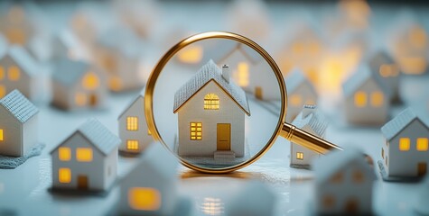 Golden house under a magnifying glass amidst monochrome miniature homes, symbolizing real estate focus and property search