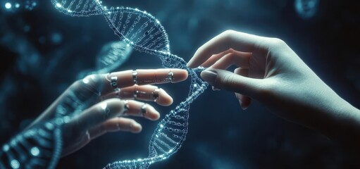 Human hand and robotic finger touching with glowing DNA strand in futuristic digital concept highlighting technology and innovation