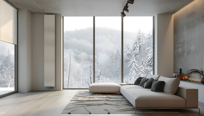 Minimalistic modern living room with large windows, white sofa, sleek vertical radiator mounted on wall, providing heating for the room during cold seasons. Concept of interior design, home heating