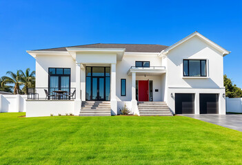 Exterior of a beautiful contemporary white house with a flat roof deep blue sky lush green grass fenced yard balcony with patio furniture black garage doors and red entry front door