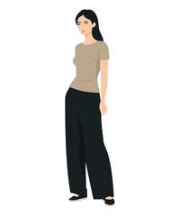 Fototapeta premium Vector illustration of a girl with a beige t-shirt and wide black pants.