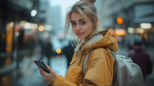 Ragazza bionda usa lo smartphone in una strada cittadina 