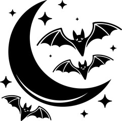 Crescent moon with flying bats and stars silhouette
