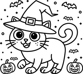 Cute halloween cat with witch hat and pumpkins coloring page