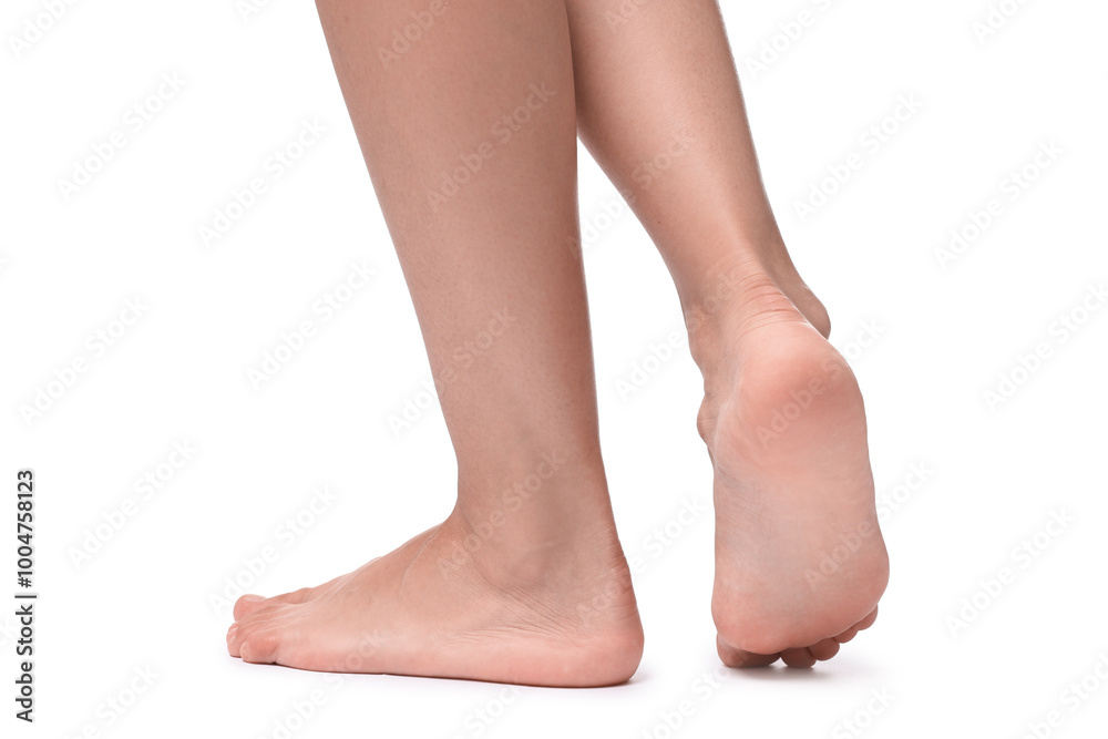 Poster Barefoot woman on white background, closeup view