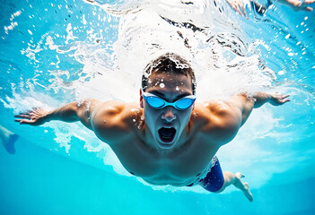 Naklejka premium Dynamic image of young man, swimmer in motion, swimming freestyle stroke in pool, training. Concept of professional sport, health, endurance, strength, active lifestyle