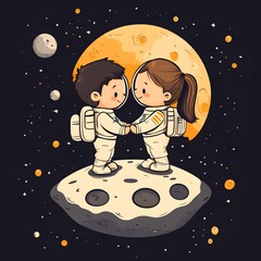 Fototapeta premium Cute Cartoon astronauts on the moon