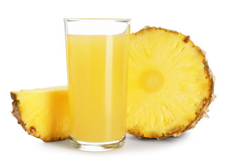 Glass with pineapple juice and pieces of fresh fruit isolated on white