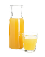 Glass and jug with tasty pineapple juice isolated on white
