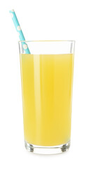Glass with pineapple juice and straw isolated on white