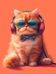 Naklejka premium cat with glasses and headphones