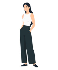 Fototapeta premium Vector illustration of a girl in a minimalistic look with a white top and black pants, suitable for everyday wear.