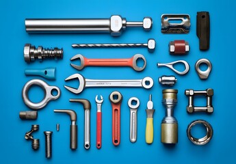 Assortment of tools and hardware on blue background