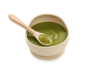 Tasty baby food in bowl and spoon isolated on white