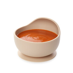 Delicious baby food in bowl isolated on white