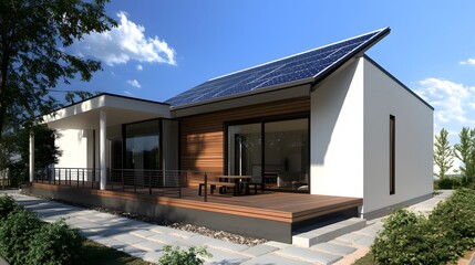 modern solar-powered home with wooden deck and landscaping