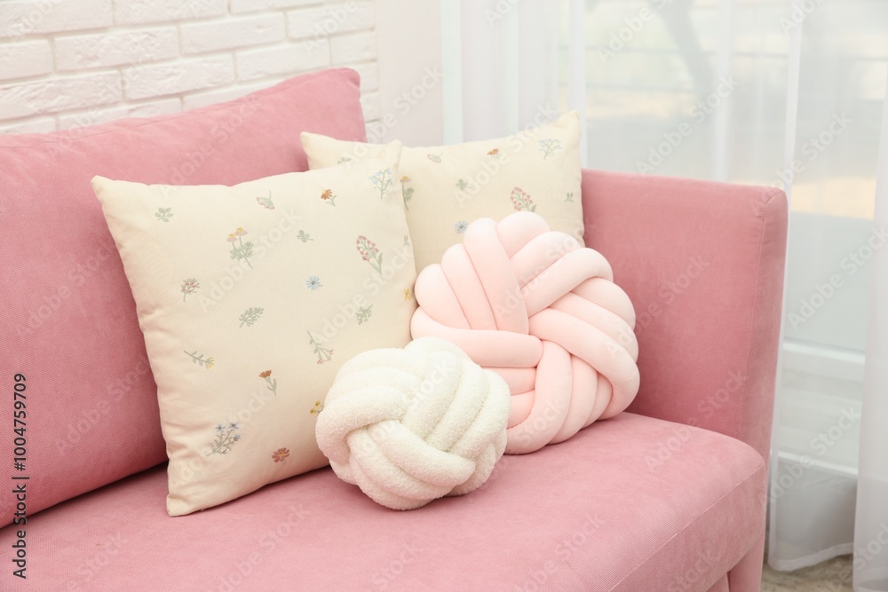 Canvas Prints Soft decorative pillows on pink sofa indoors