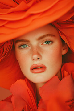 Fashion magazine concept. Close-up arty portrait of beautiful female model wearing red hat and dress in form of flowers. Haute couture style. Classic retro, vintage. Studio shot