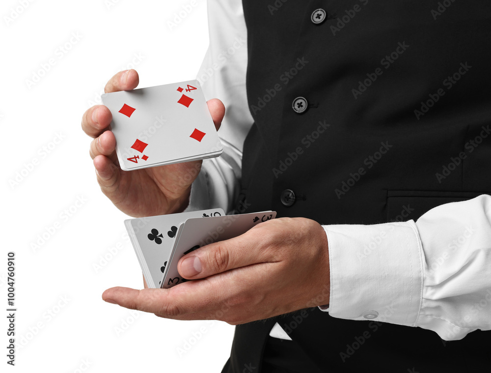 Canvas Prints Professional croupier shuffling cards on white background, closeup