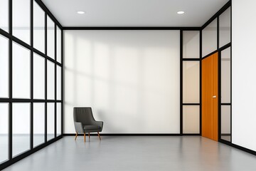 A minimalistic room featuring a single armchair positioned beside glass partition walls and a wooden door, exuding simplicity and modern interior design ethos.