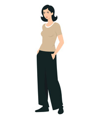 Vector illustration of a girl with a beige t-shirt and wide black pants.