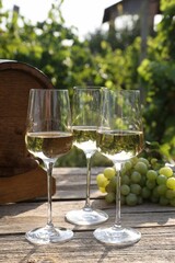 Tasty wine in glasses, grapes and barrel on wooden table outdoors