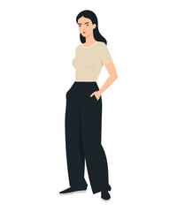 Vector illustration of a girl with a beige t-shirt and wide black pants.