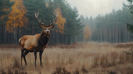 Obraz premium Nature wildlife scene with majestic brown deer in forest standing in a river wild animals portrait in wilderness beautiful male stag with antlers standing alert in autumn landscape among pine trees