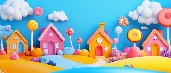 Fototapeta premium Cartoon village with colorful houses, lollipop trees, and clouds on a blue background.
