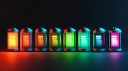 Battery charge level icons showing power from high to low, in different colors. 
