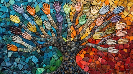 Colorful mosaic of hands forming a tree, symbolizing unity, diversity, and community in vibrant artwork.