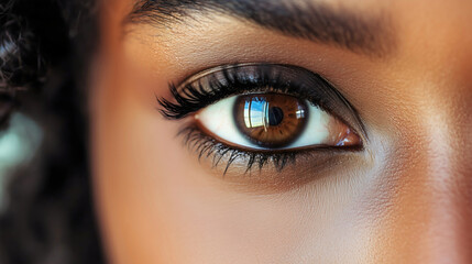 Obraz premium Closeup eye, face of beautiful African American woman with clear healthy skin, natural beauty, young female with detailed eyesight, eyelashes, and bright iris, fashion model, cosmetic care