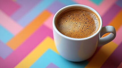Fototapeta premium A cup of coffee with a creamy foam layer on top, set against a colorful chevron background.