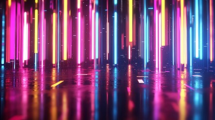 Colorful rectangle floating over black rectangles on a white background. 