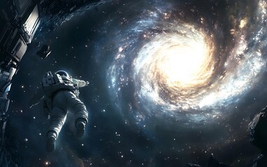 astronaut floating in space near a swirling galaxy