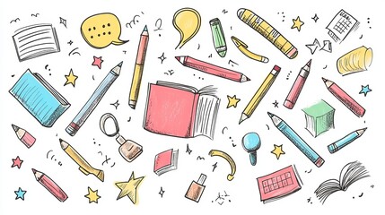 Doodle marker drawings of school elements like pencils, books, stars, and speech bubbles, perfect for back-to-school illustrations